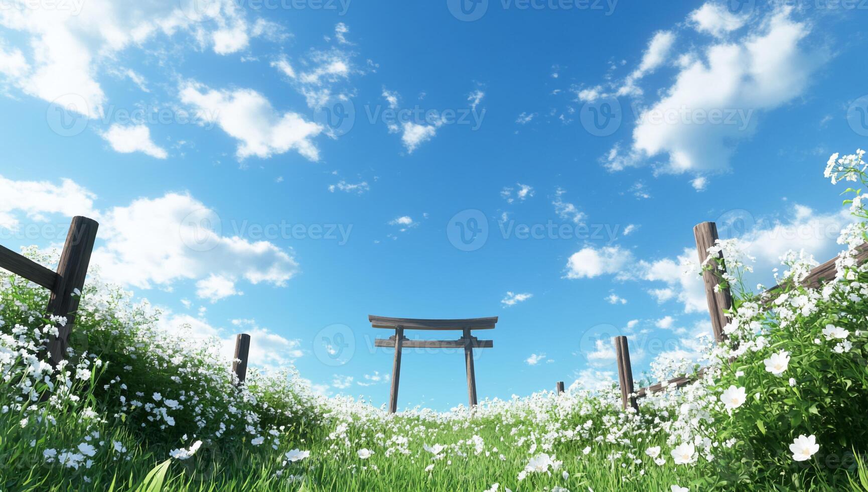 A serene landscape featuring a torii gate amidst a field of flowers. photo