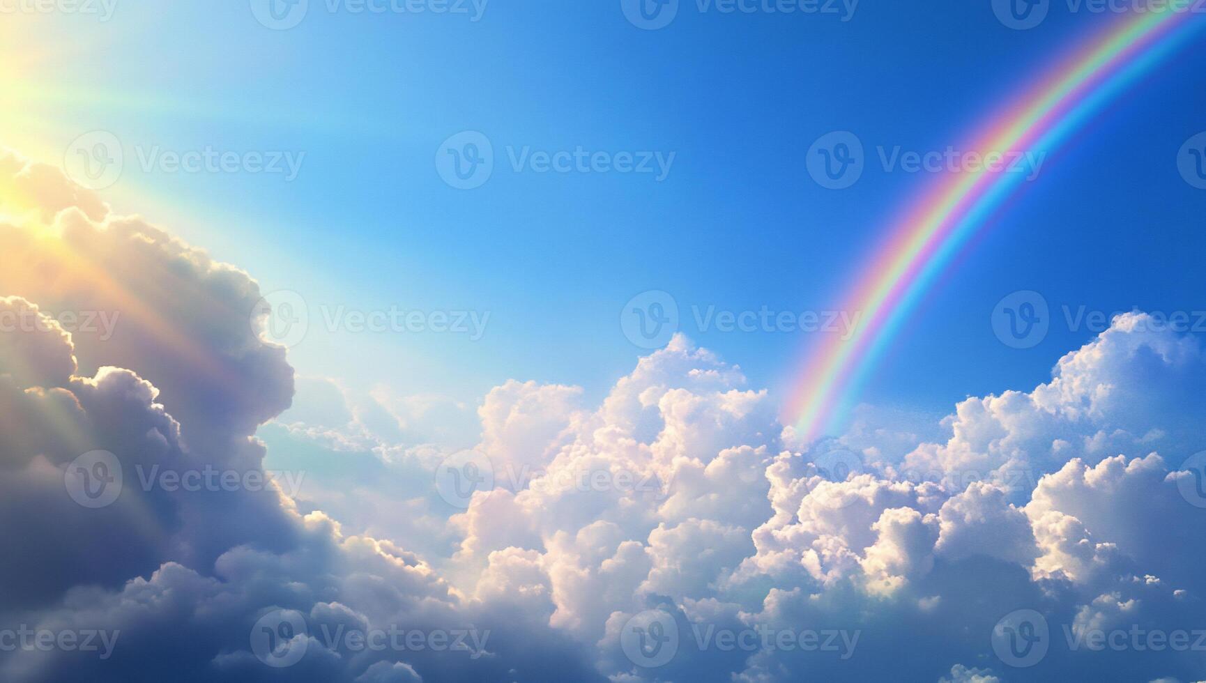 A vibrant rainbow arcs over fluffy clouds under a bright blue sky. photo