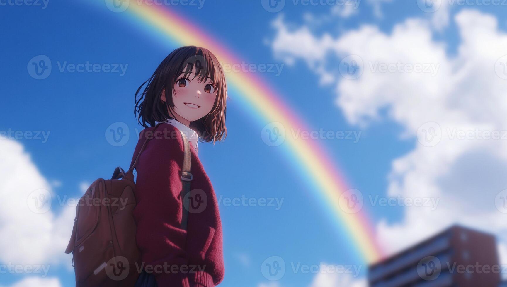 A smiling girl stands under a rainbow against a blue sky. photo