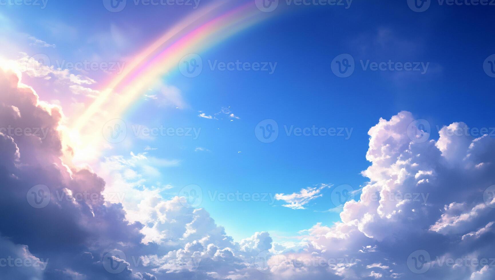 A vibrant sky with a rainbow and fluffy clouds. photo