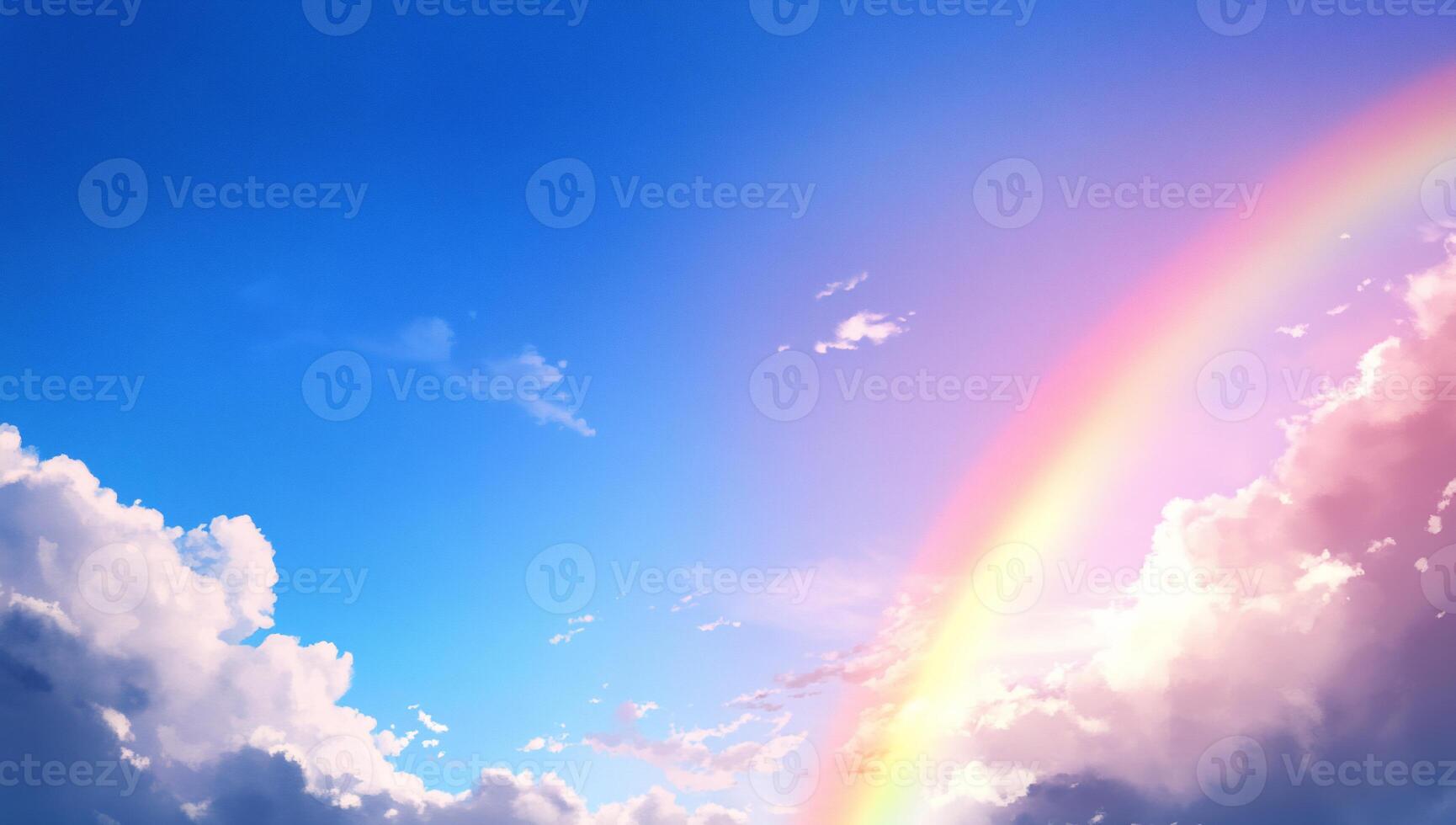 A vibrant rainbow arcs across a bright blue sky with fluffy clouds. photo