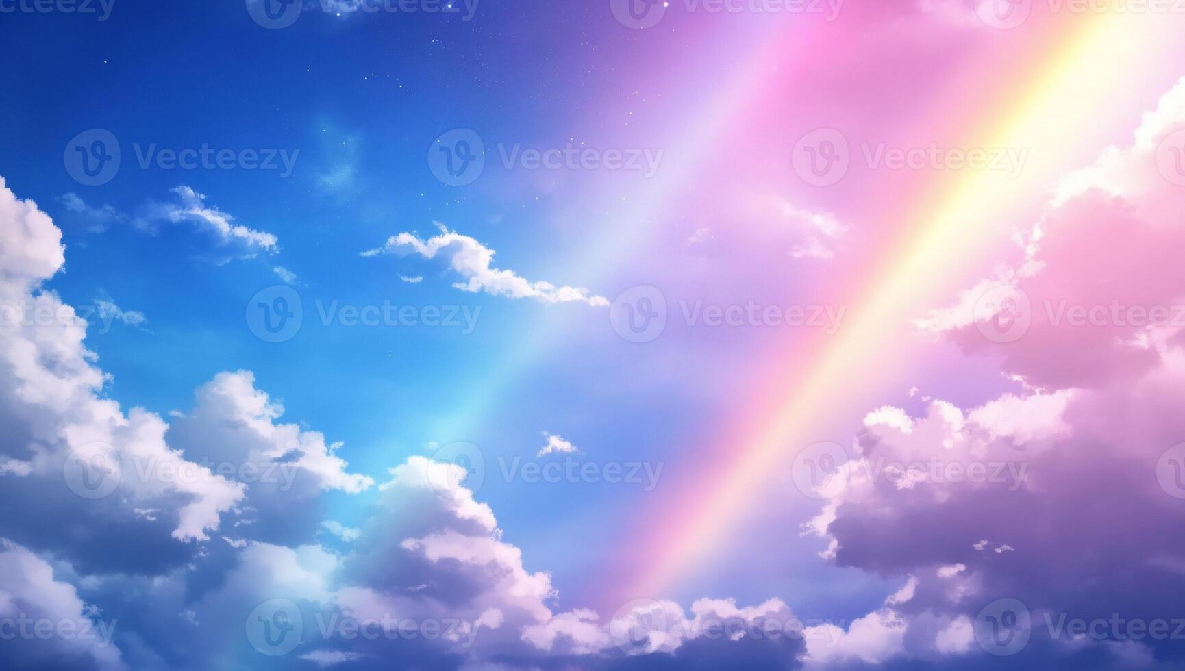 A vibrant sky with clouds and a colorful rainbow effect. photo