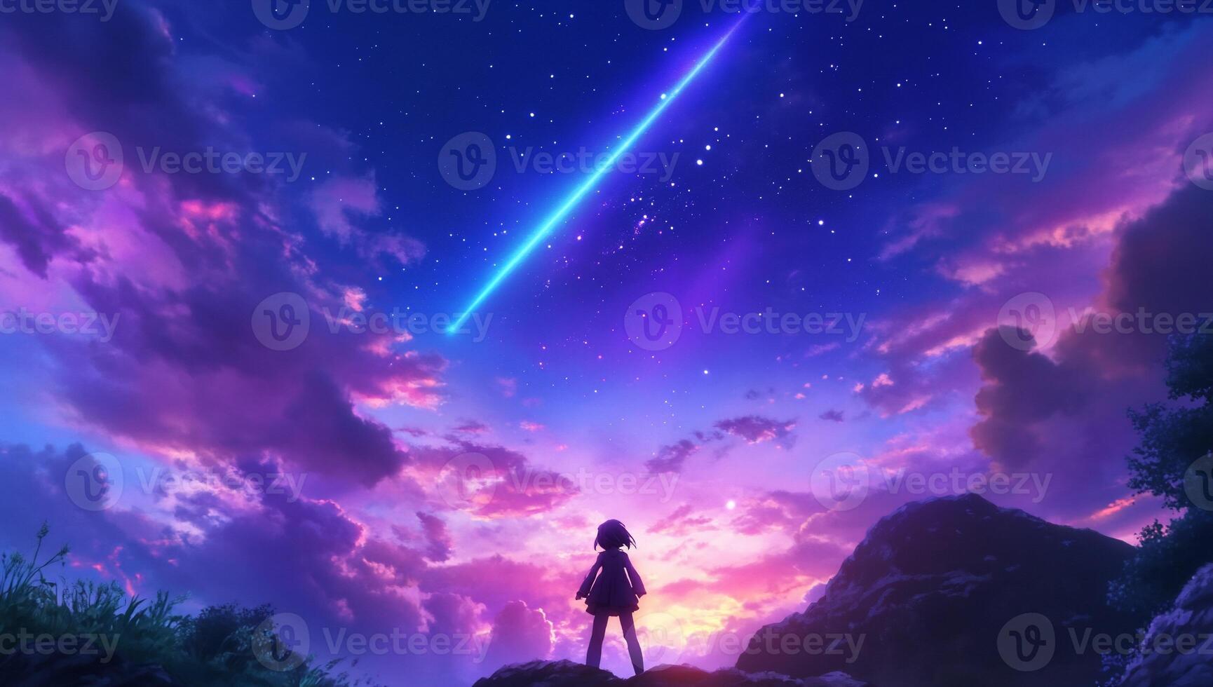 A silhouette of a child against a vibrant, starry sky and shooting star. photo