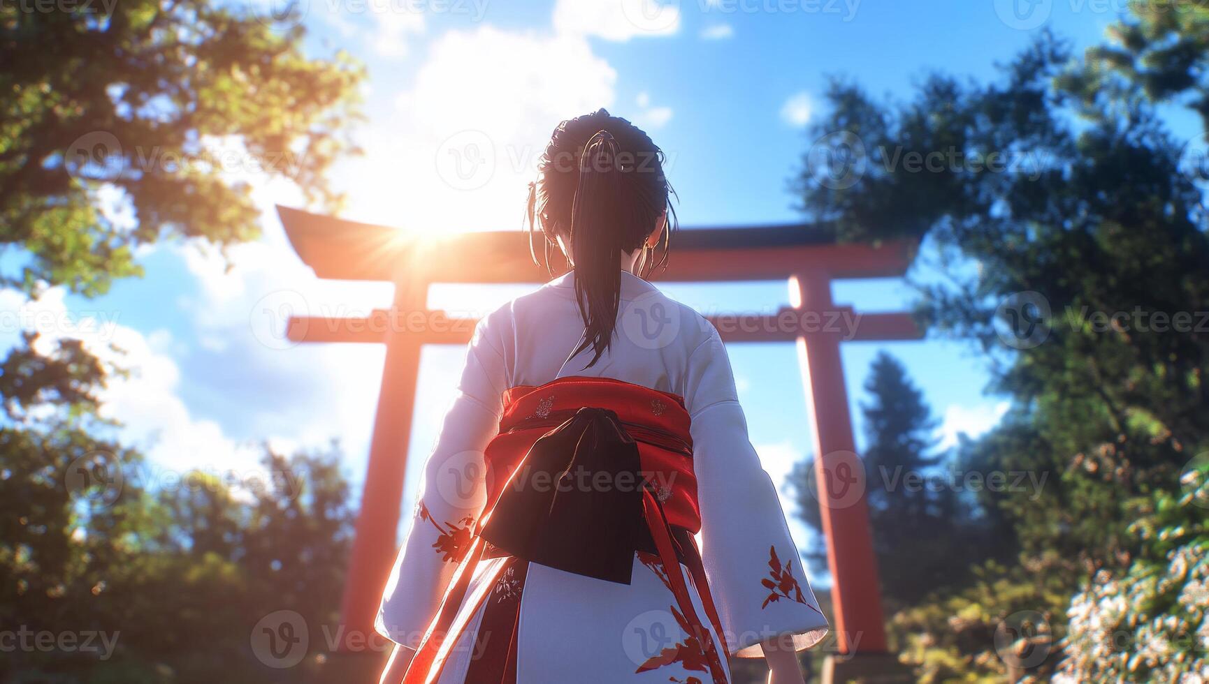 A figure in traditional attire stands before a torii gate under sunlight. photo