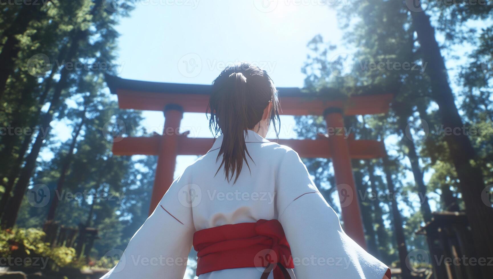 A serene scene of a figure in traditional attire near a torii gate. photo