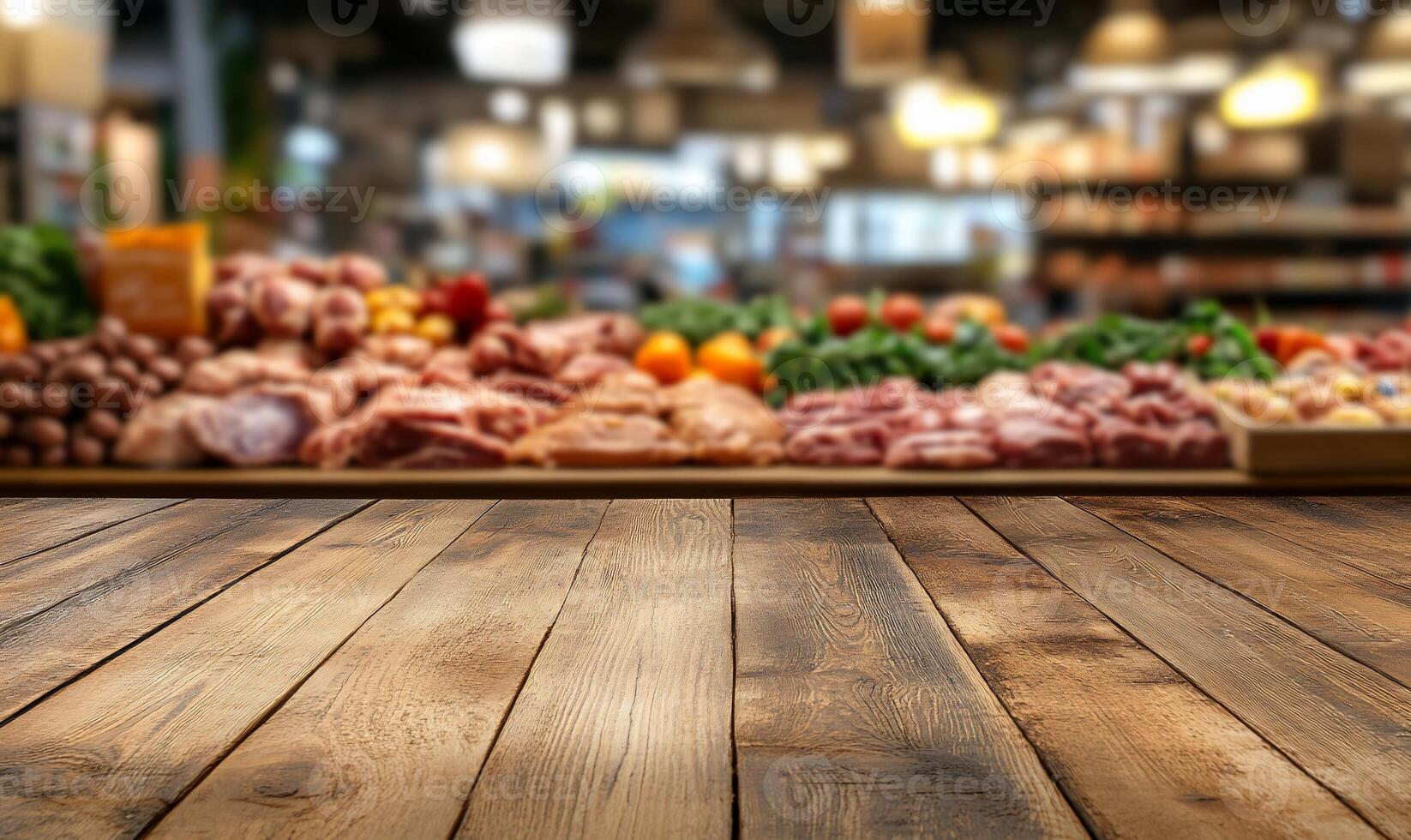 A market display featuring fresh produce and meats on a wooden counter. photo