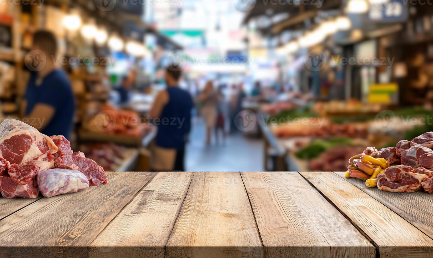 Fresh meat display in a bustling market setting. photo