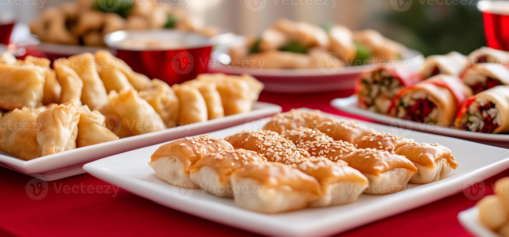 A festive spread of assorted appetizers on a red tablecloth. photo