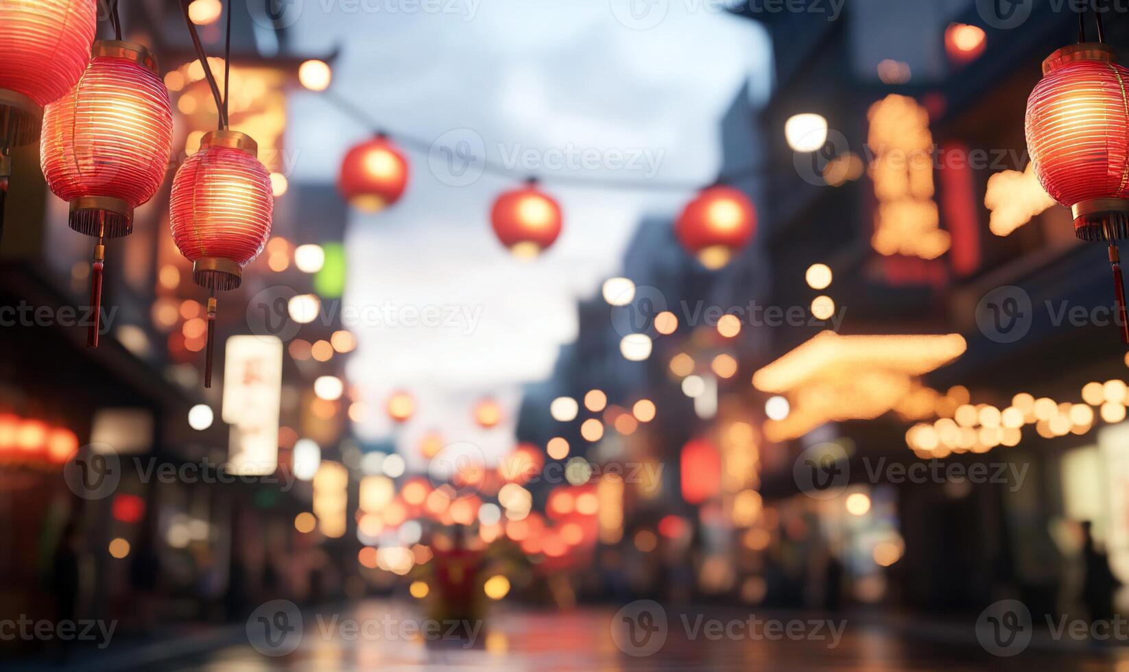 A vibrant street scene adorned with red lanterns and soft evening lights. photo
