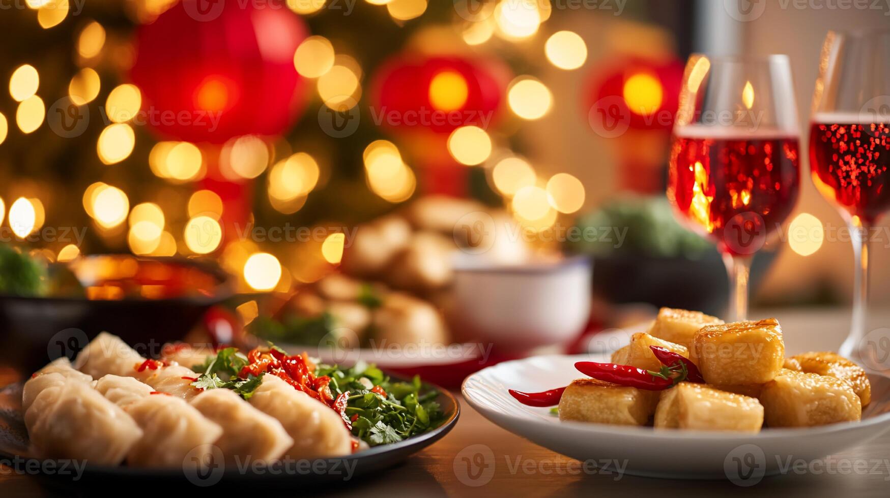 Festive table setting with various dishes and drinks for celebration. photo