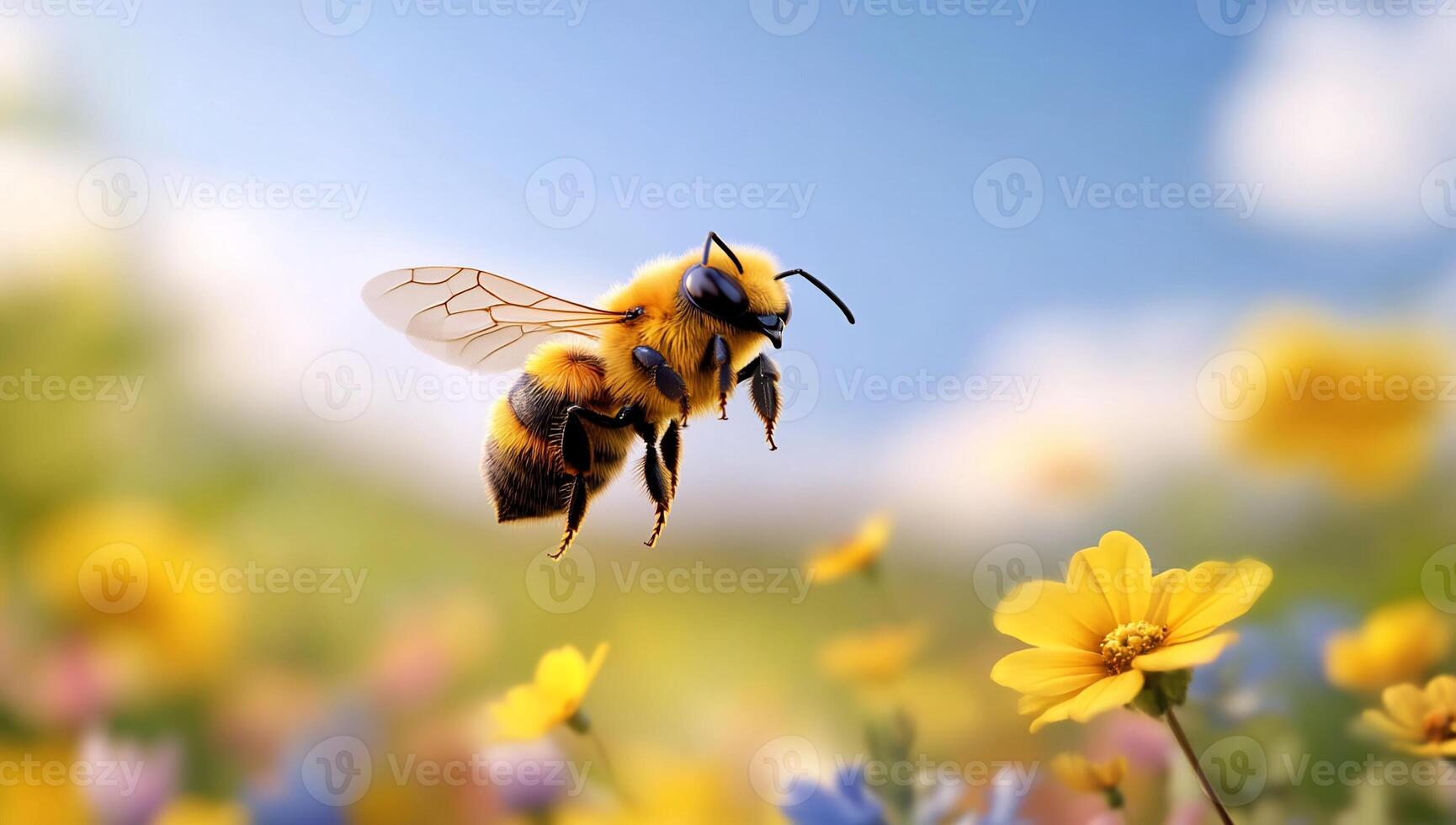 Bee flying over flowers wallpaper photo