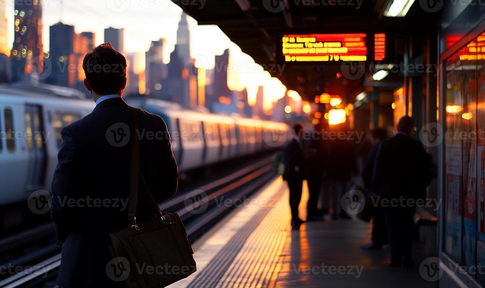 A businessman waits on a platform as the sun sets over the city. photo