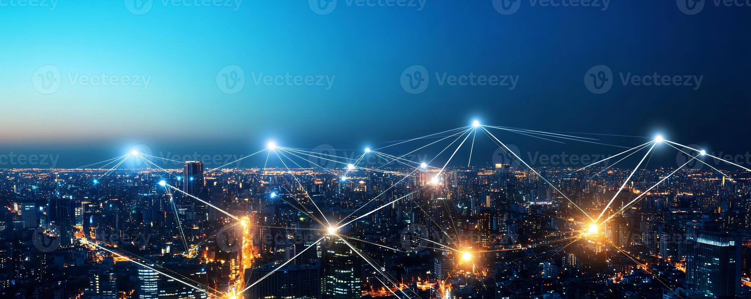 A city skyline connected by digital network lines and glowing nodes. photo