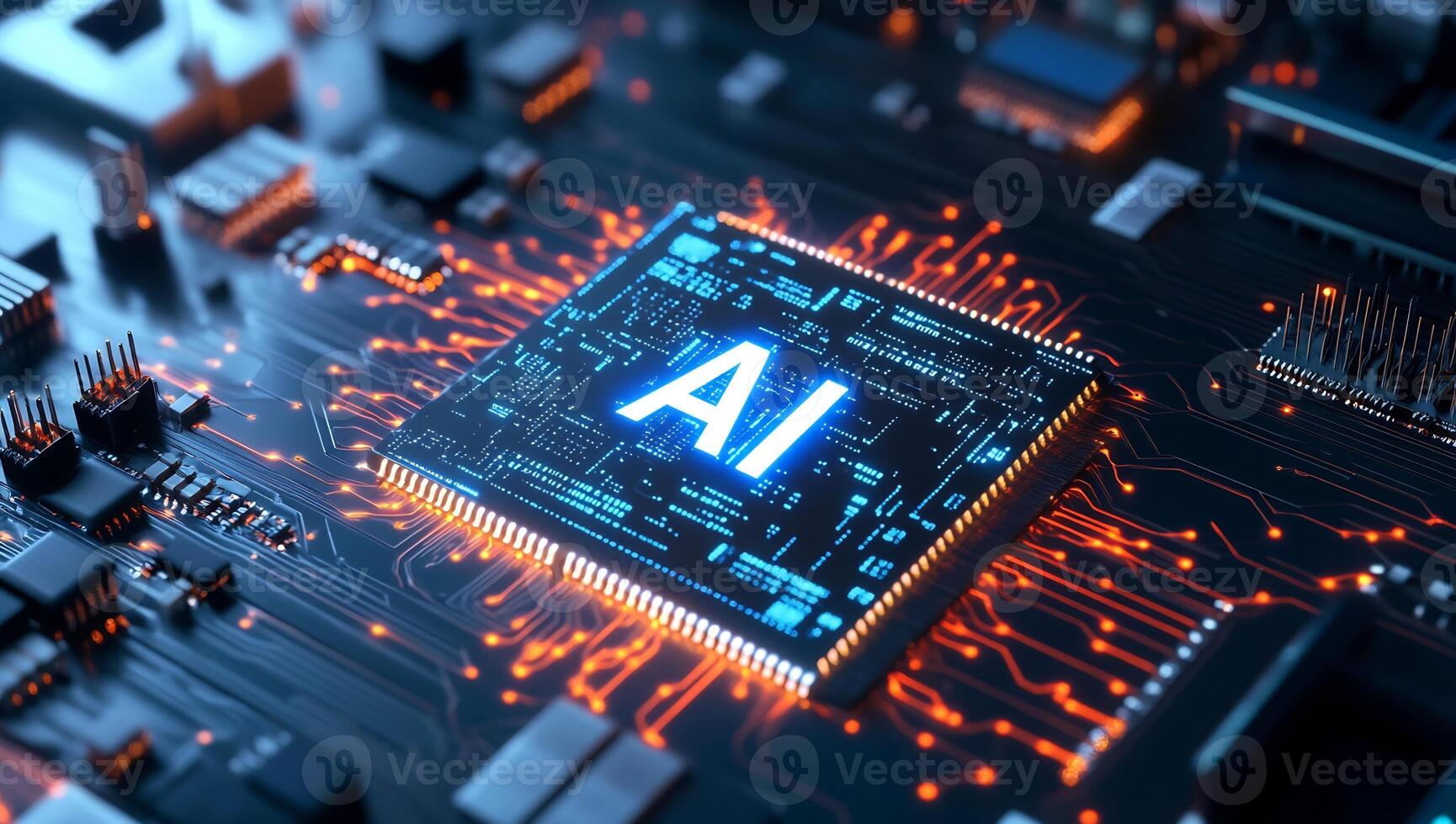 A close-up of a circuit board featuring an AI chip with glowing elements. photo
