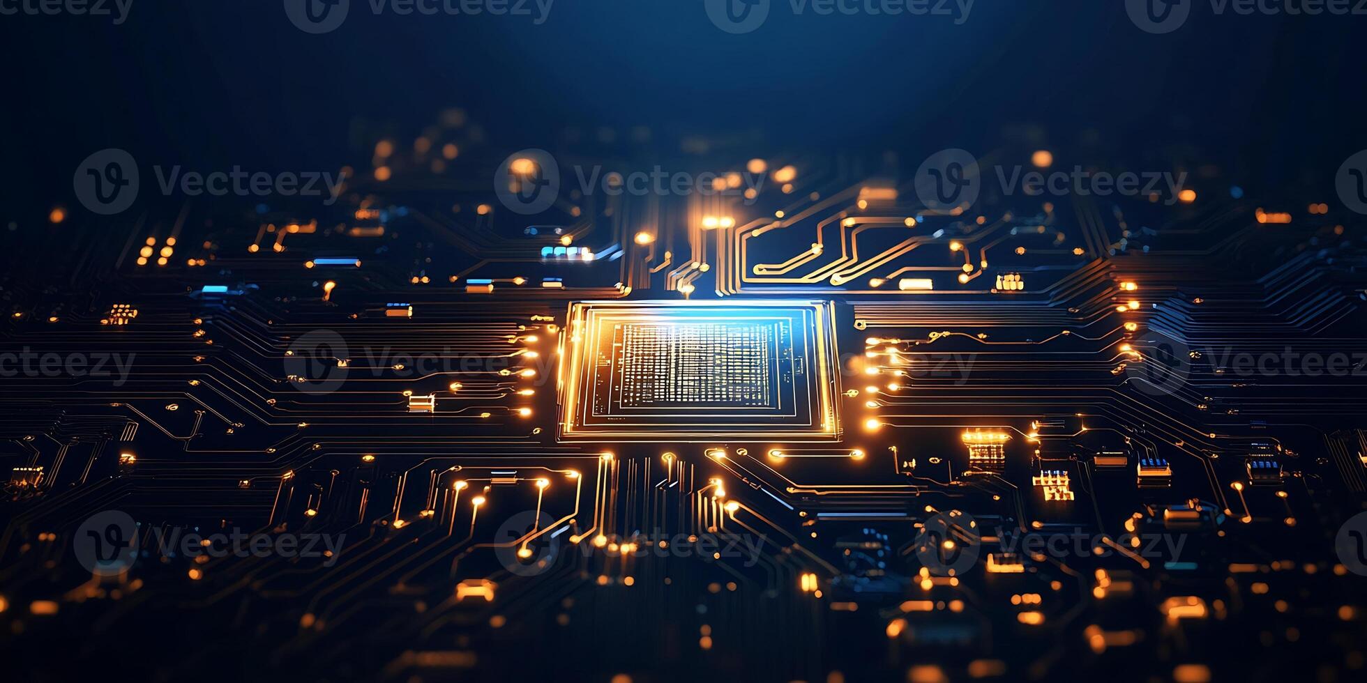 A close-up of a circuit board with a glowing microchip. photo