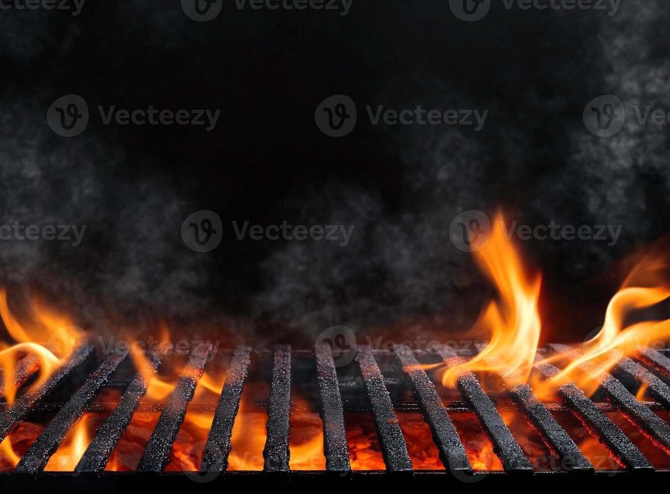 A close-up of a grill with flames and smoke, ready for cooking. photo