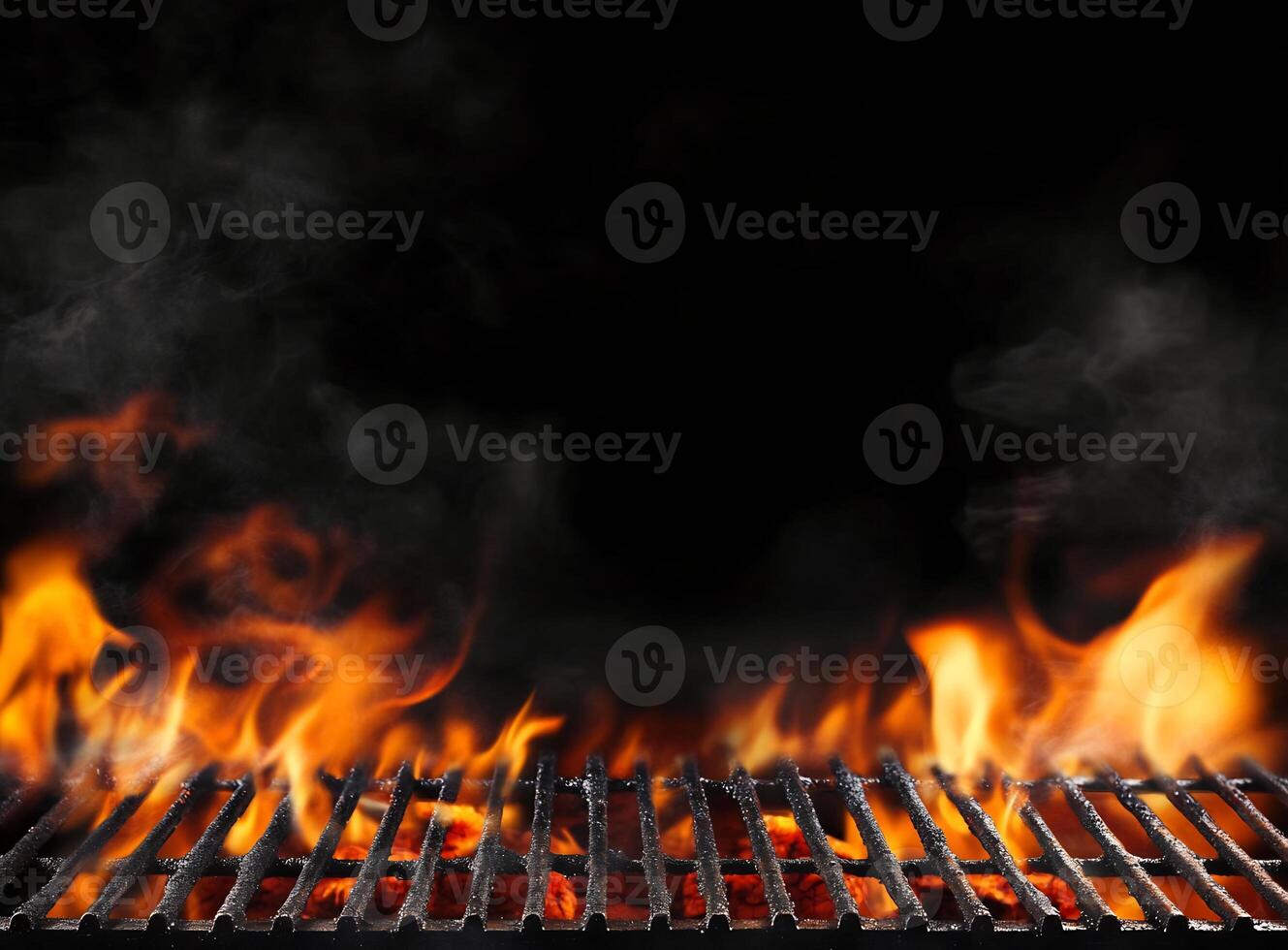 A close-up of a grilling surface with flames and smoke. photo