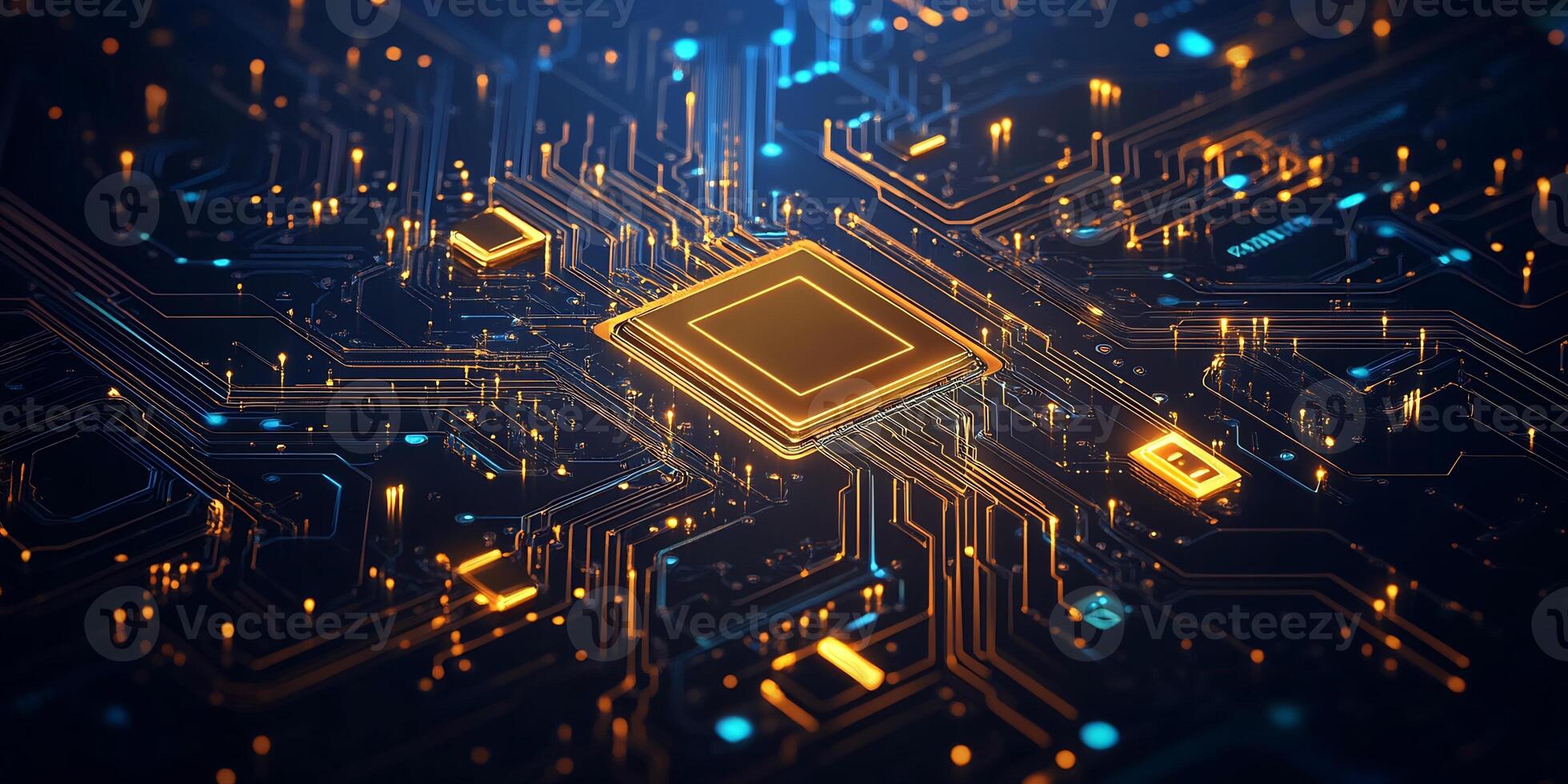 A close-up of a microchip with intricate circuitry and glowing elements. photo