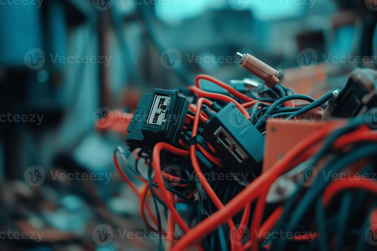 A close-up of tangled electrical wires and connectors in an industrial setting. photo