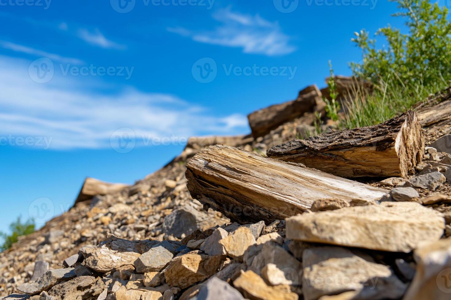 A close-up view of rocks and wood against a clear blue sky. photo