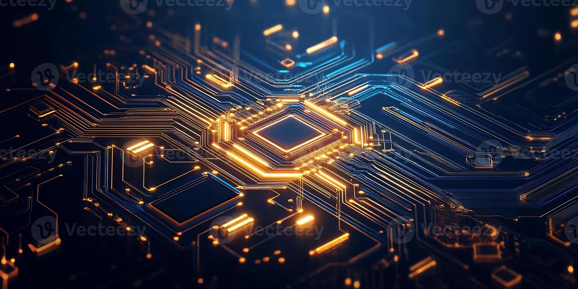 A close-up view of a futuristic circuit board with glowing elements. photo