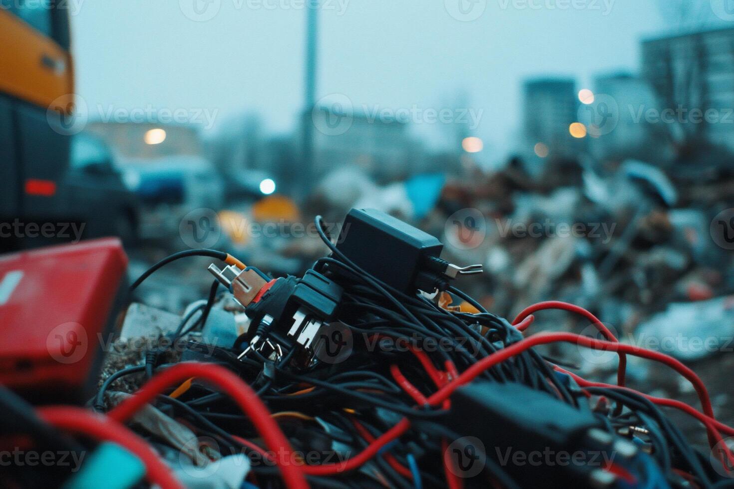 A cluttered scene of discarded electronics and tangled wires in a junkyard. photo