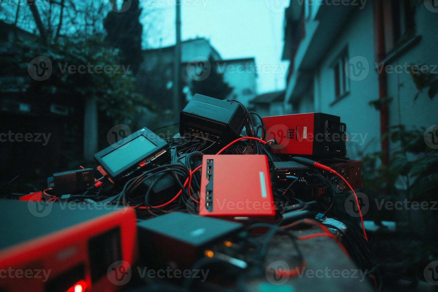 A collection of power banks and charging devices in a dimly lit setting. photo