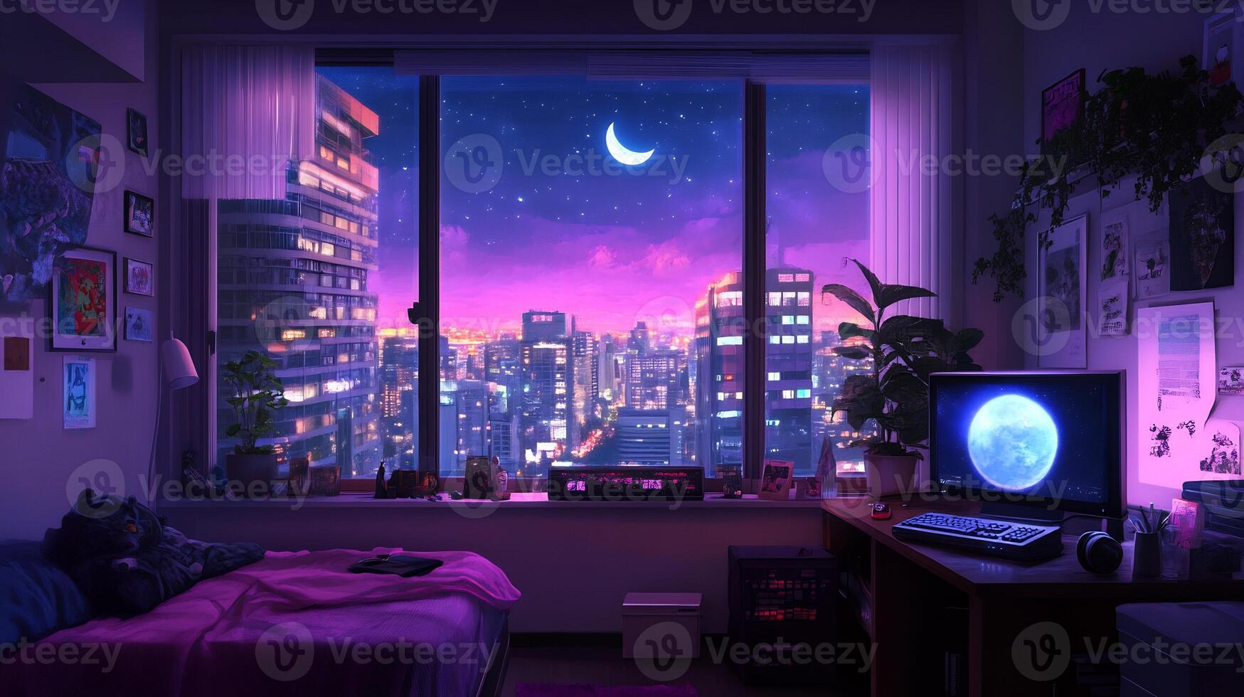 A cozy room with a city view at night, featuring a moonlit sky. photo