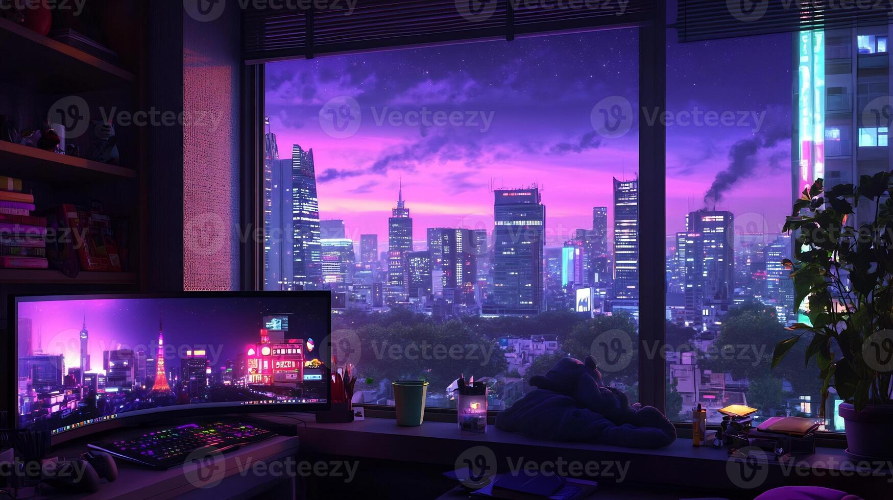 A cozy room with a tech setup overlooking a vibrant cityscape at dusk. photo