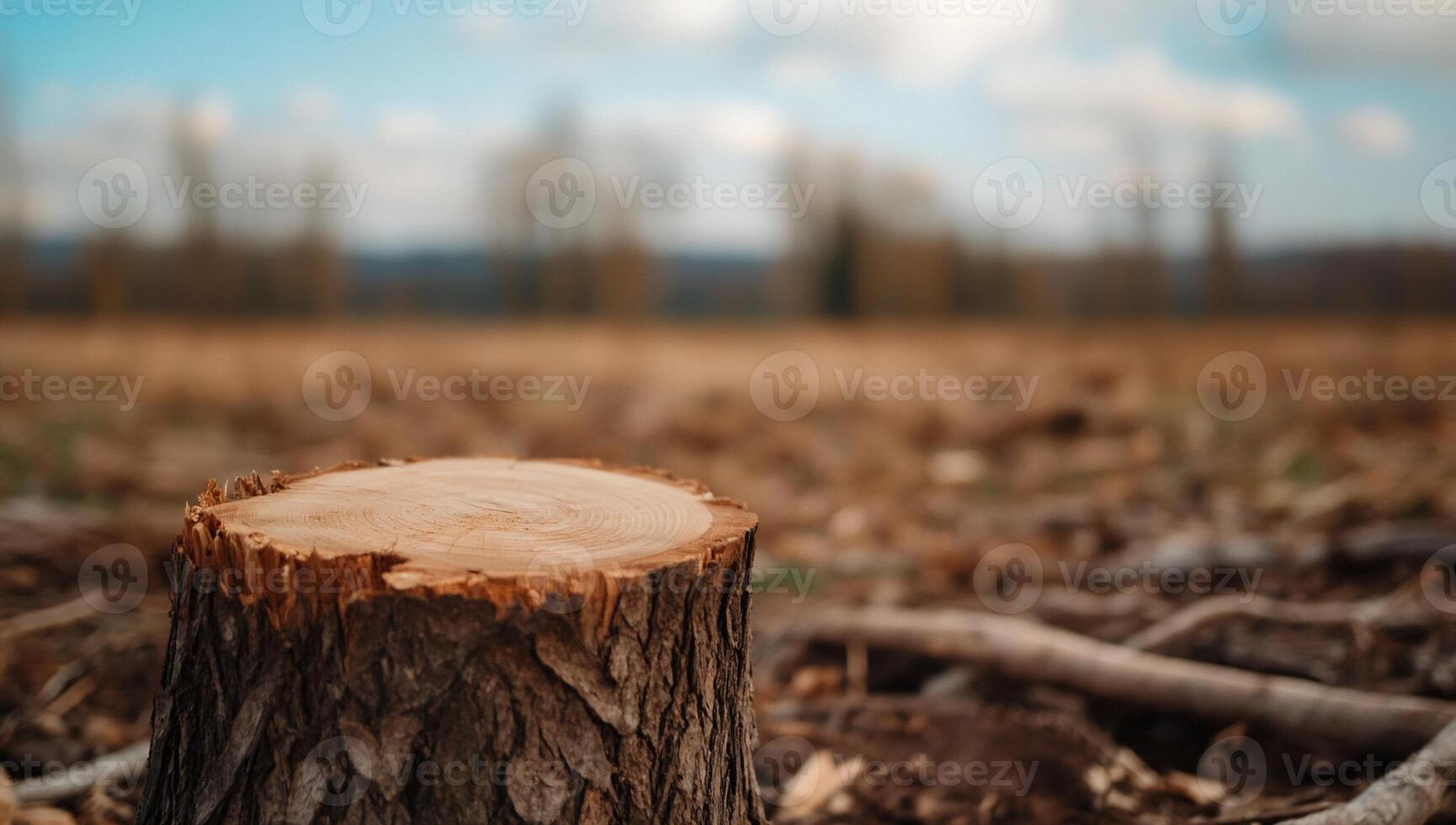 A cut tree stump in a deforested area with a blurred background. photo