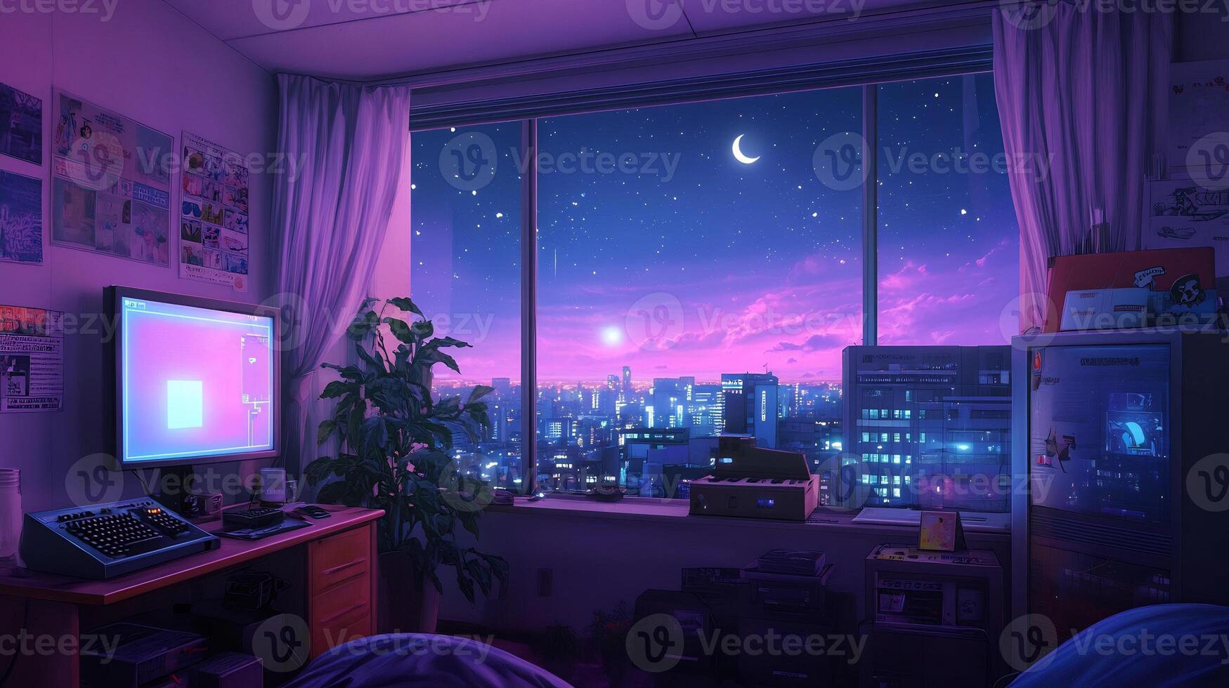 A cozy room with a vibrant city view at night, featuring a computer setup. photo