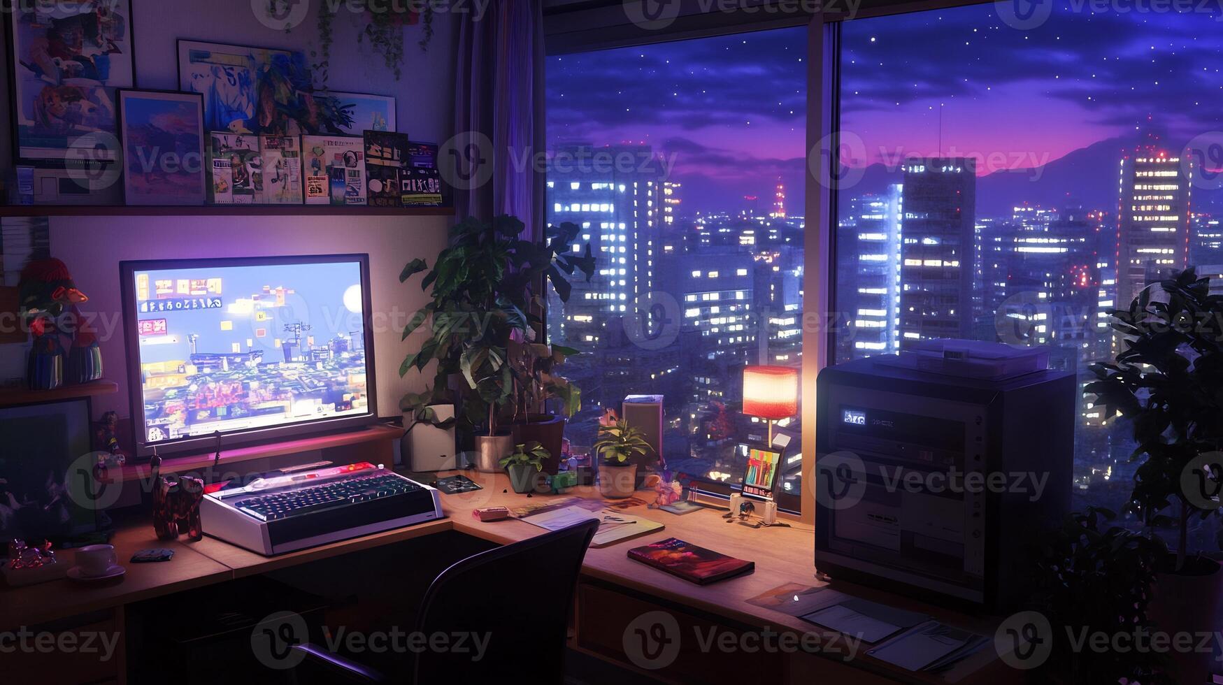 A cozy workspace with a city view at night, featuring a computer and plants. photo