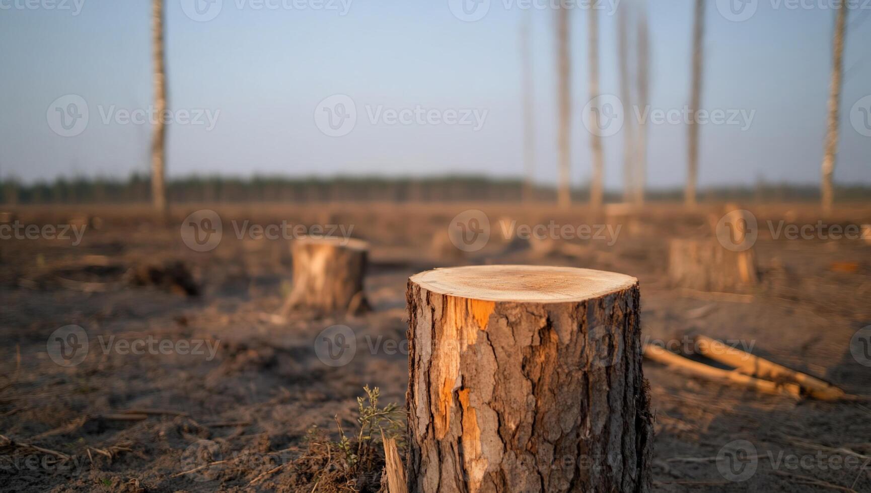 A cut tree stump in a deforested area with barren surroundings. photo
