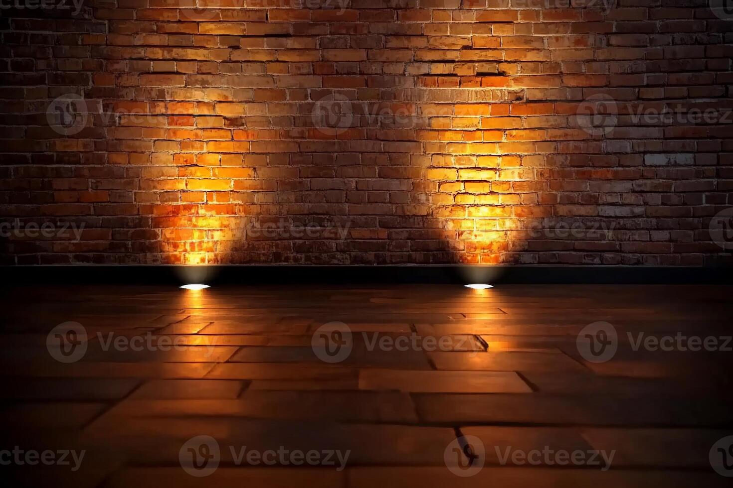 A dimly lit room with a brick wall and spotlight effects. photo