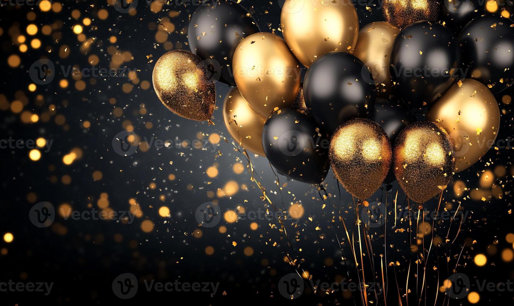 A festive arrangement of black and gold balloons with sparkling background. photo