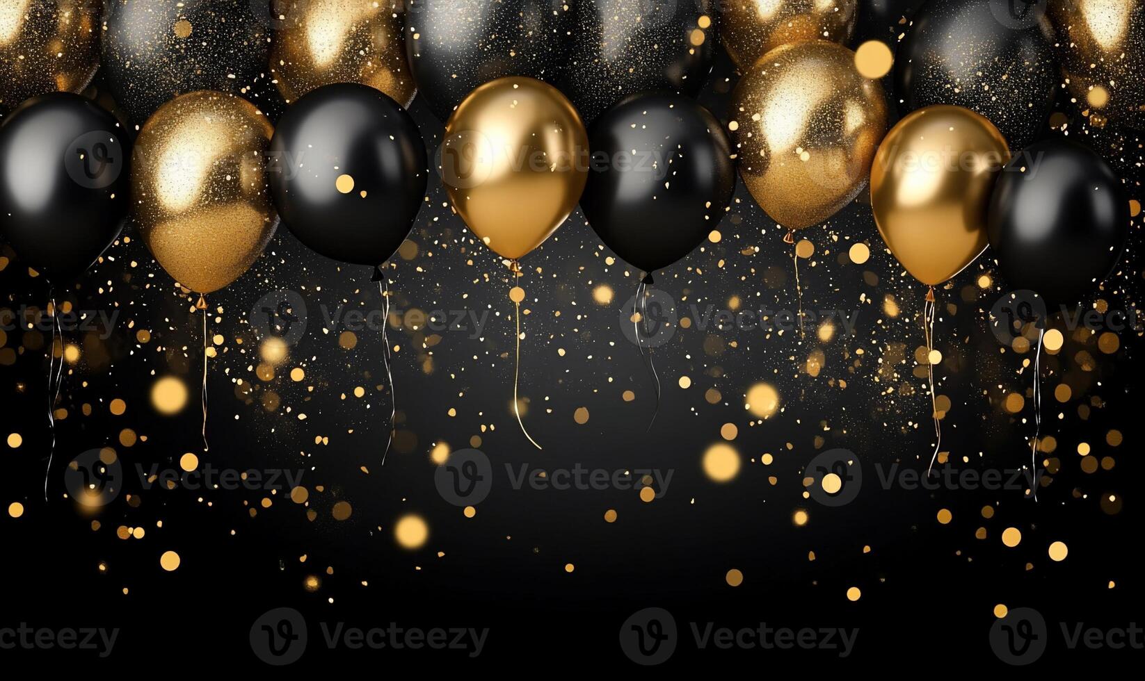A festive arrangement of black and gold balloons with sparkling confetti. photo