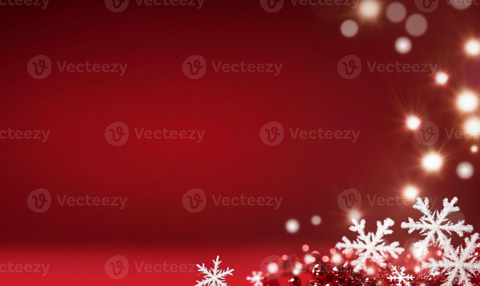 A festive red background adorned with snowflakes and sparkling lights. photo