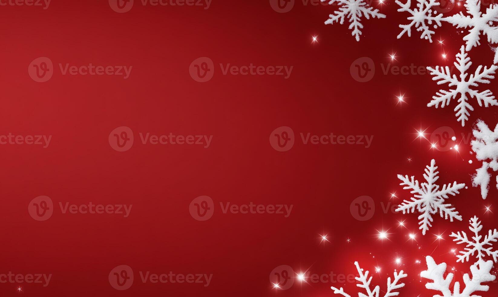 A festive red background adorned with white snowflakes and sparkles. photo