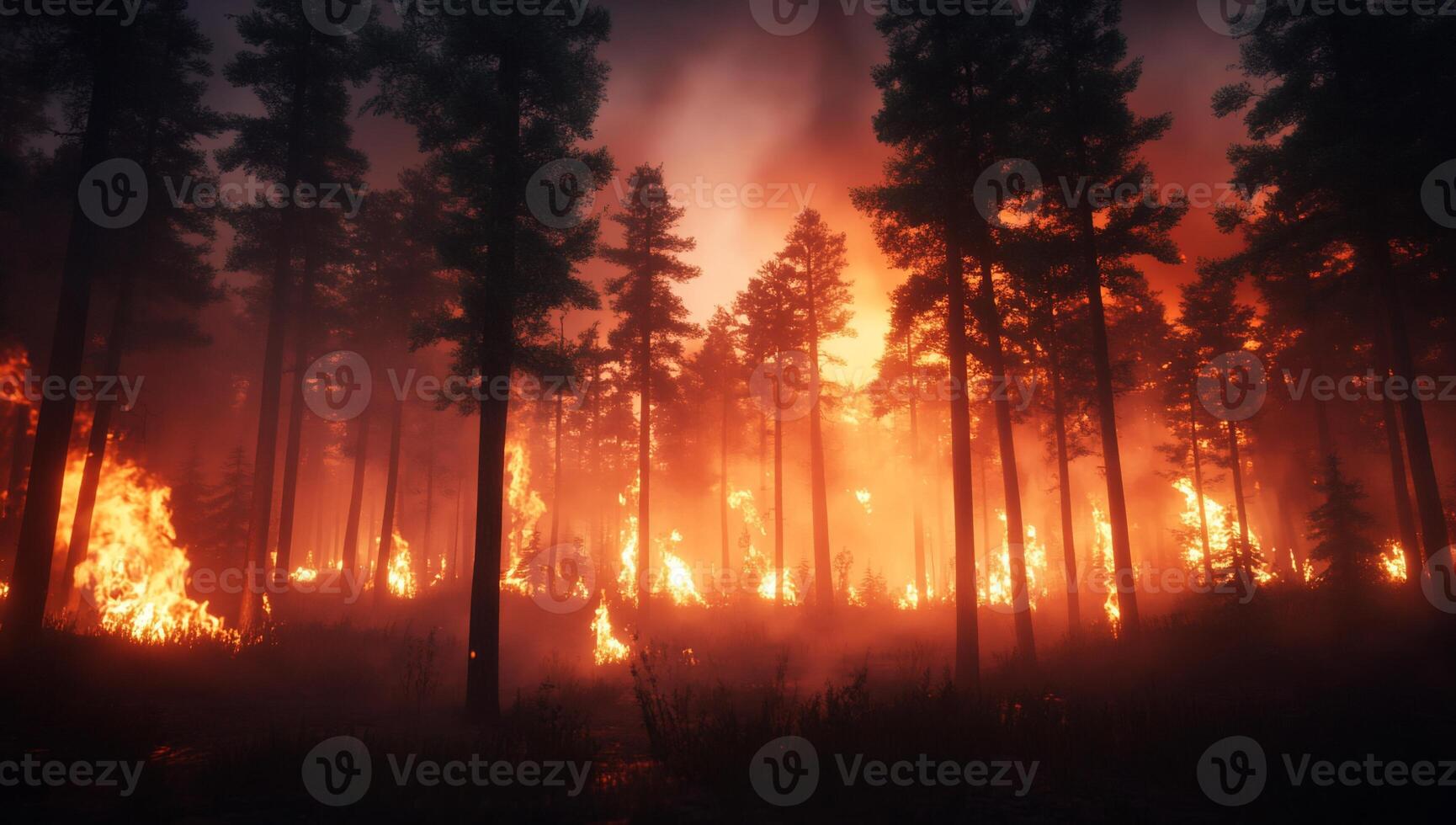 A forest engulfed in flames, showcasing the devastation of wildfires. photo