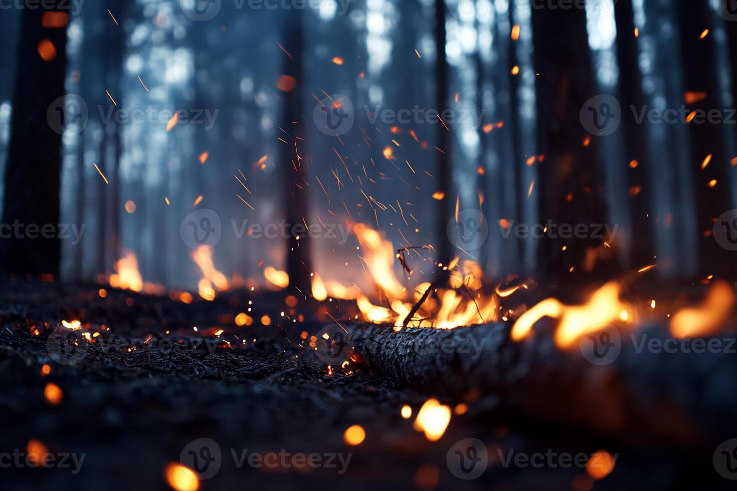 A forest scene with flames and sparks amidst smoky trees. photo