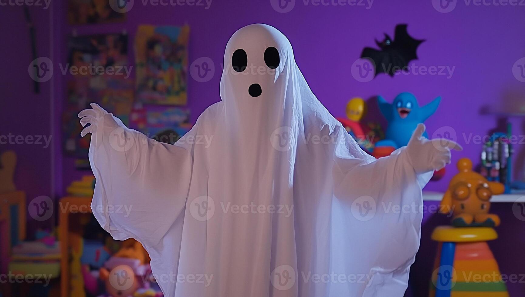 A ghost figure in a playful, colorful room with toys and decorations. photo