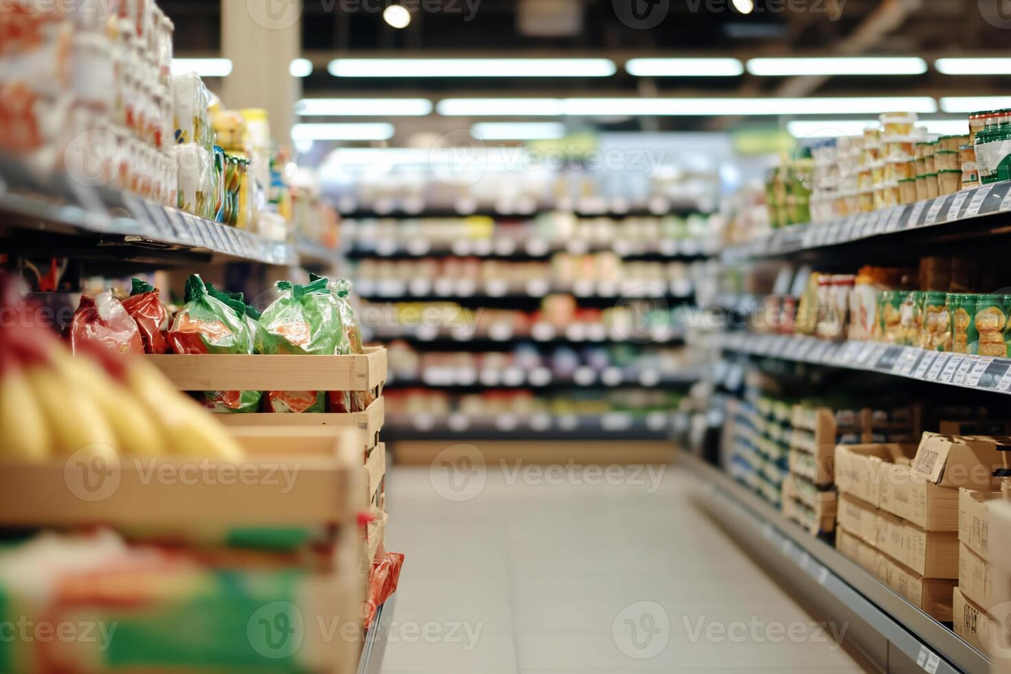 A grocery aisle filled with various food products and produce. photo