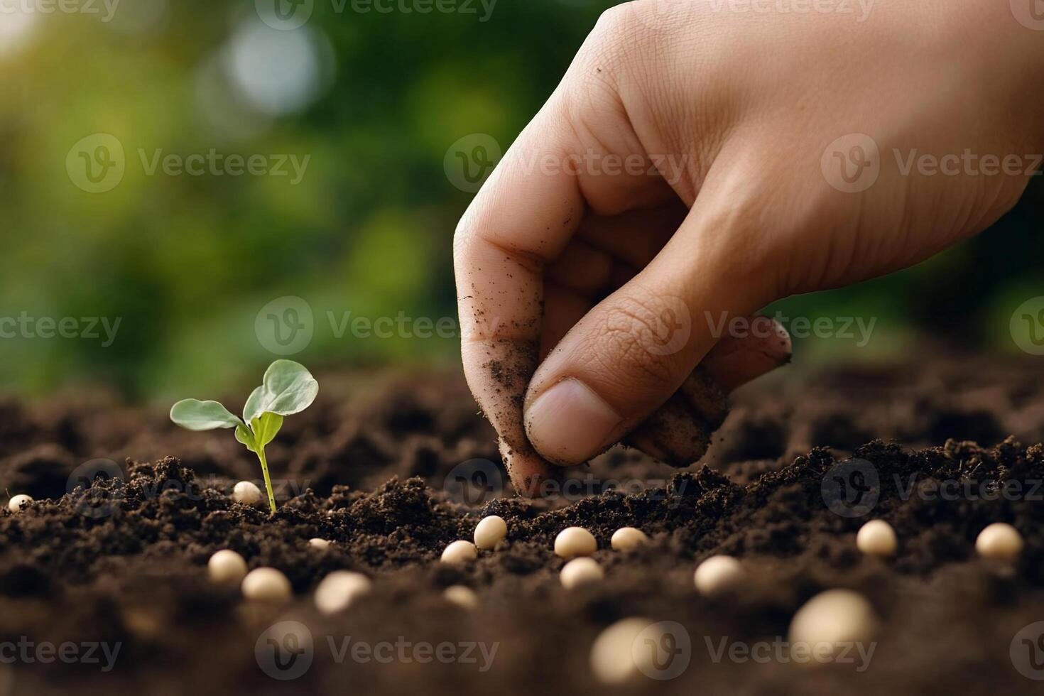 A hand planting seeds in soil next to a small sprout. photo