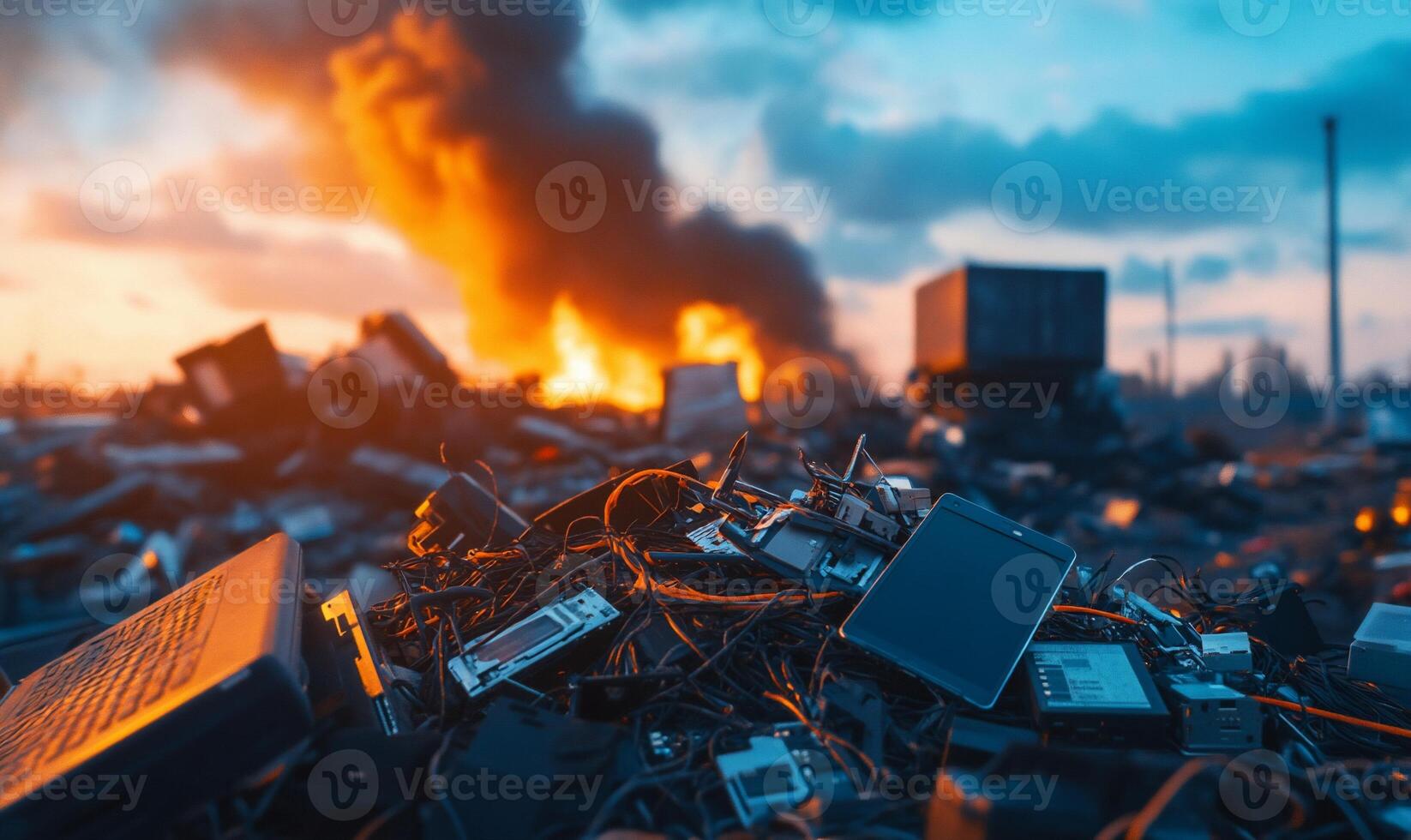 A pile of electronics and other items in front of a fire photo