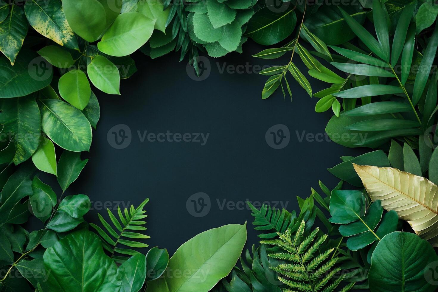 Green leaves and plants on a black background photo