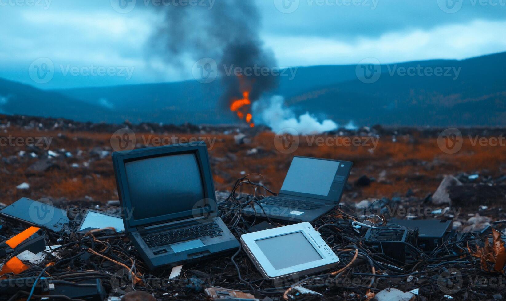 A pile of laptops and other electronic devices photo