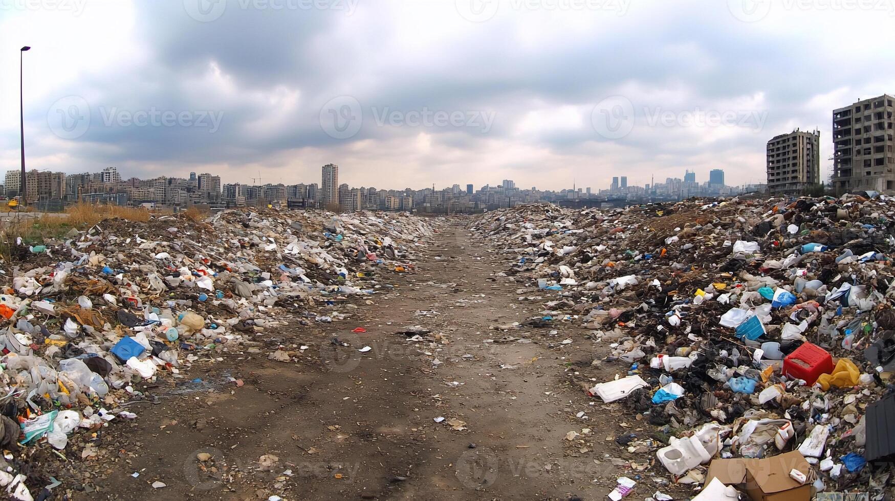 A panoramic view of a large landfill site in an urban area. photo