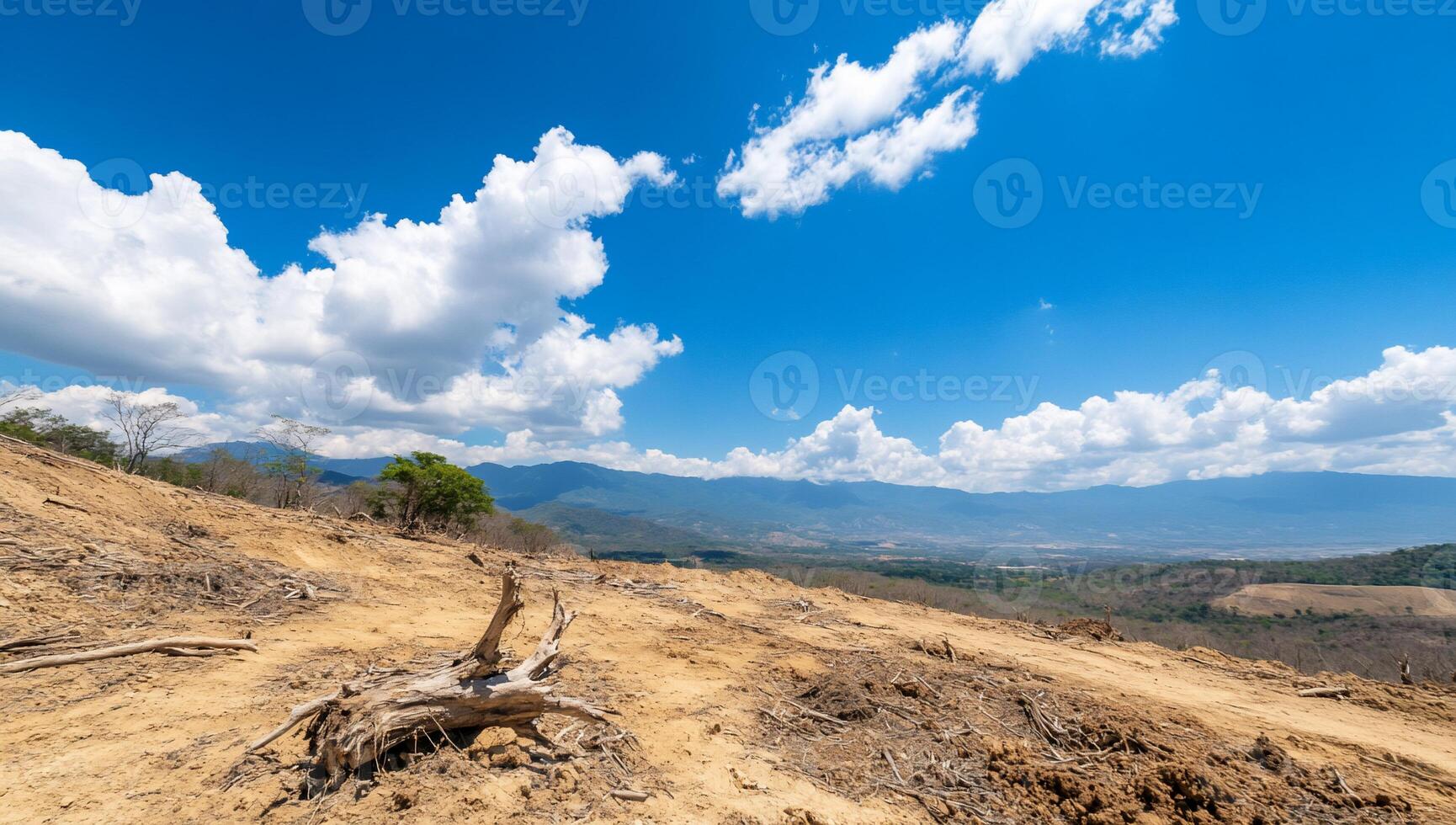 A panoramic view of a deforested landscape under a blue sky. photo