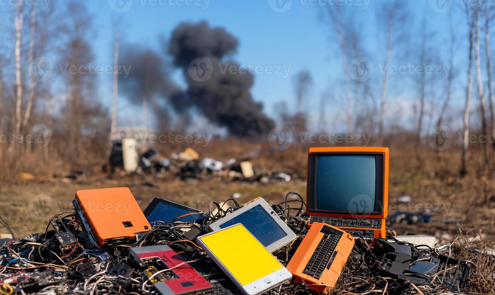 A pile of electronics sitting on top of a pile of trash photo