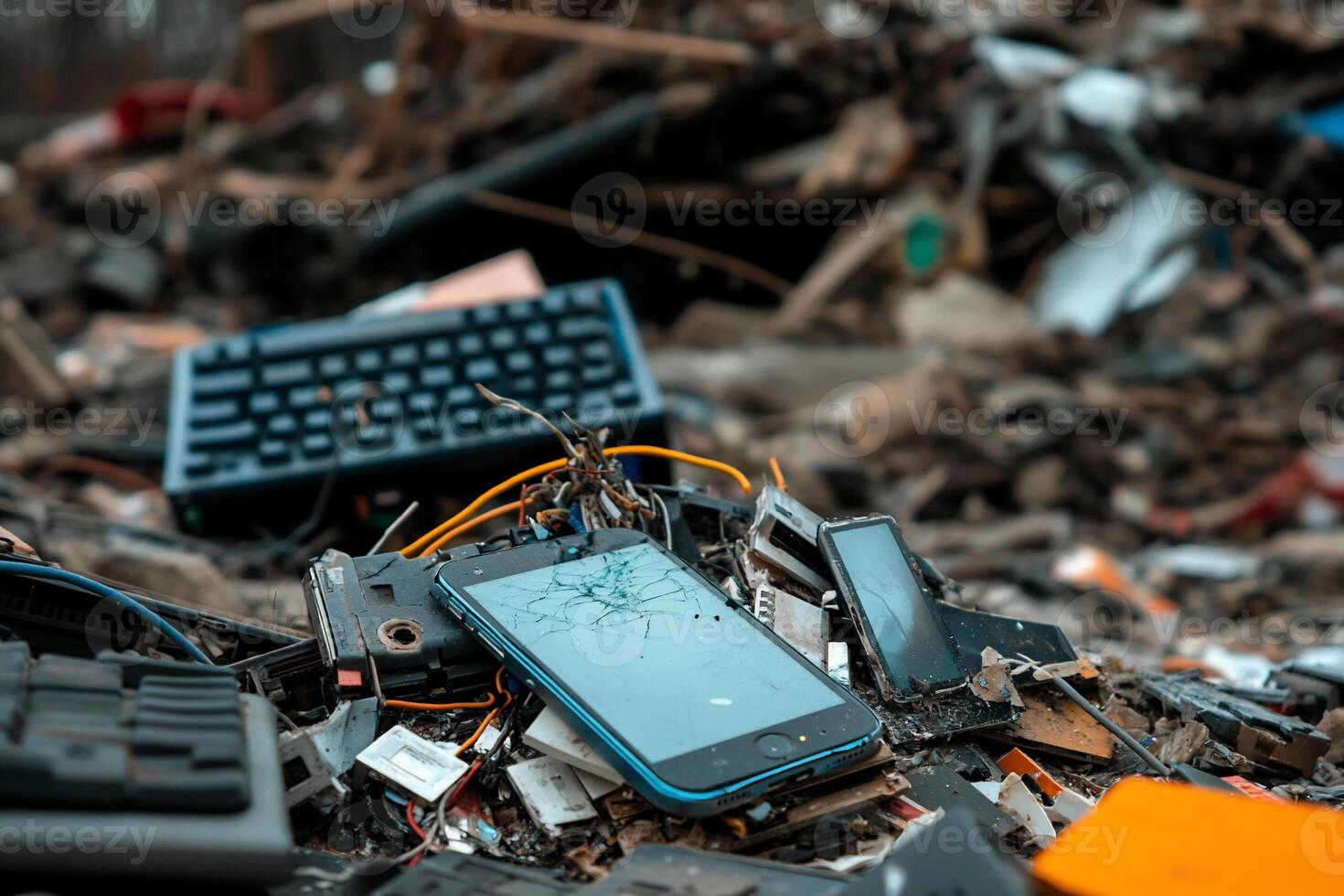 A pile of electronics and a keyboard photo